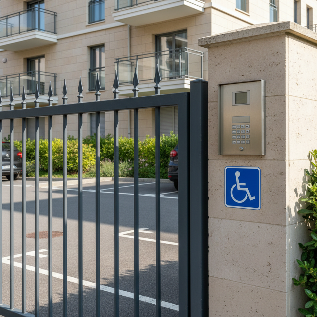 Autocollant handicapé PMR sur portail entrée parking résidence - Signalétique Com'Park