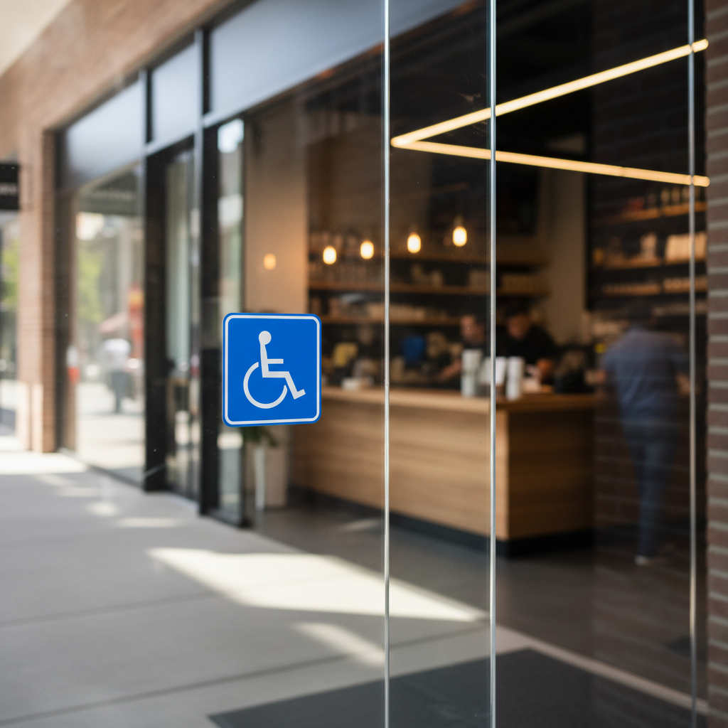 Autocollant handicapé PMR collé sur vitrine commerce - Signalétique accessibilité Com'Park